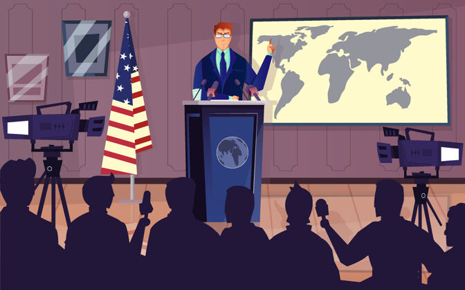 新闻外交官和政治记者招待会的符号平面插图会议平面符号