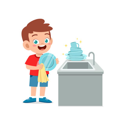 家庭快乐可爱的小男孩在厨房洗碗洗碗机儿子责任