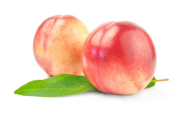 生两个绿叶油桃隔离在白色桃油桃食物