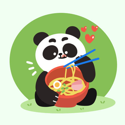 孩子可爱的小熊猫吃拉面涂鸦插图野生画玩