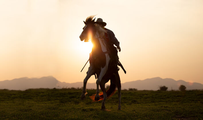 西部牛仔骑在马背上迎着美丽的日落阳光动作骑士