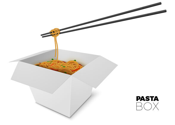 空三维现实的开放式盒子与面条和棍子上的白色背景中国菜容器亚洲菜
