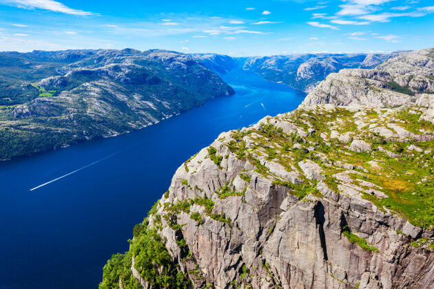 远足Preikestolen或prekestolen或讲坛岩石鸟瞰图 挪威高原岩石斯堪的纳维亚