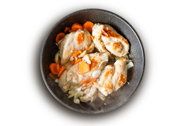饮食把炸鸡胸肉片放在平底锅上隔成白色服务家禽韭菜