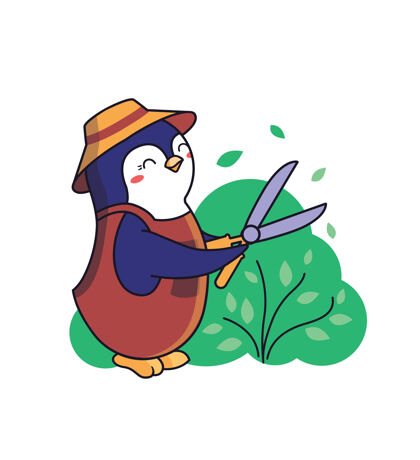 构图卡通动物企鹅是修剪灌木的园丁灌木丛卡通公寓