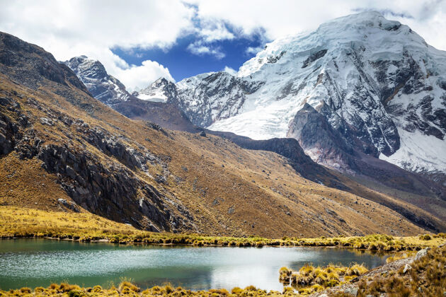 山峰美丽的山脉风景在科迪勒拉华亚什 秘鲁 南美洲冰川美洲自然