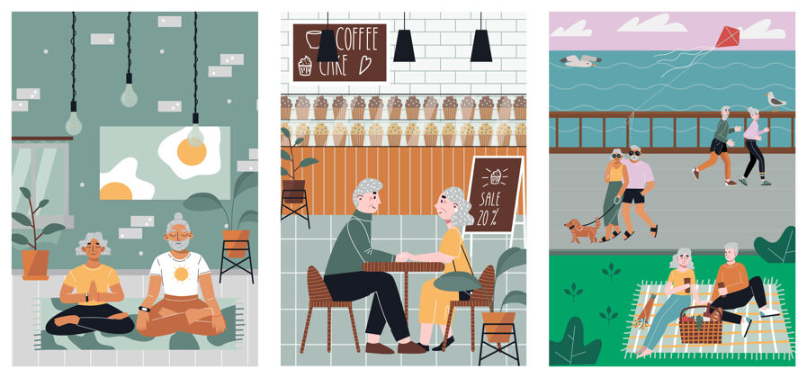 冥想一组活跃的老年夫妇野餐遛狗咖啡馆