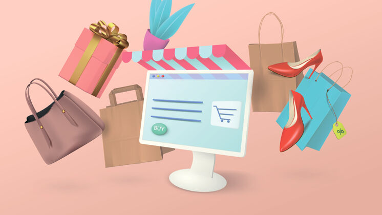 横幅在家里网上购物computer.conceptual横幅上有购物袋 女鞋和礼品等形式的商品远程现代技术