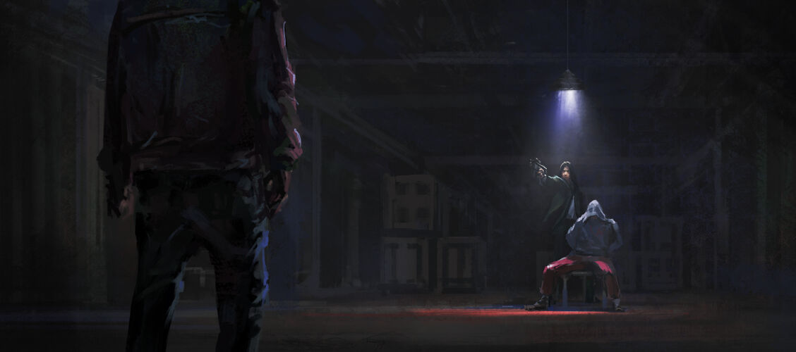 绘画解救仓库里被绑架的人质 3d插图恐惧恐怖光