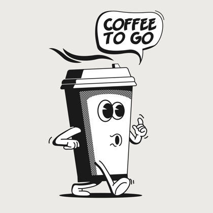外卖咖啡去或带走的概念与复古步行卡通纸咖啡杯字符报纸情绪咖啡店
