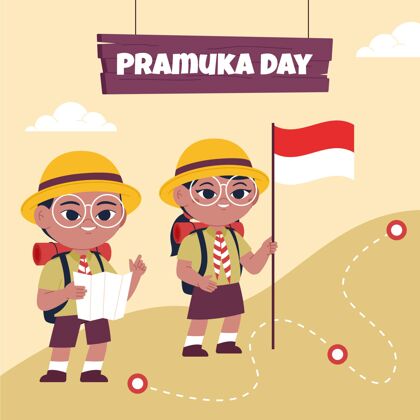 童子军Pramuka日插图印尼手绘全国童子军日