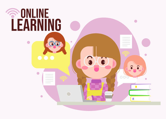 界面可爱的孩子在线学习电脑笔记本卡通插图大学孩子数字