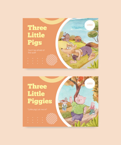 农场脸谱模板与可爱的三只小猪 水彩风格故事卡通农业