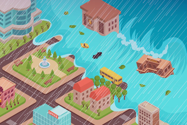 洪水洪水灾害等距组成的城市被雨水吞没的浪潮城市悲剧灾难