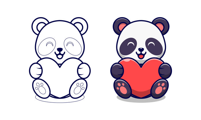 可爱可爱的熊猫抱着红心卡通彩页给孩子们熊猫集心