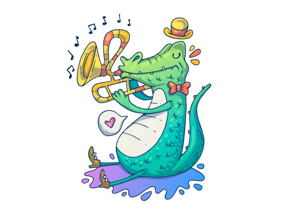 鳄鱼音乐家鳄鱼创意卡通插画爬行动物涂鸦卡通