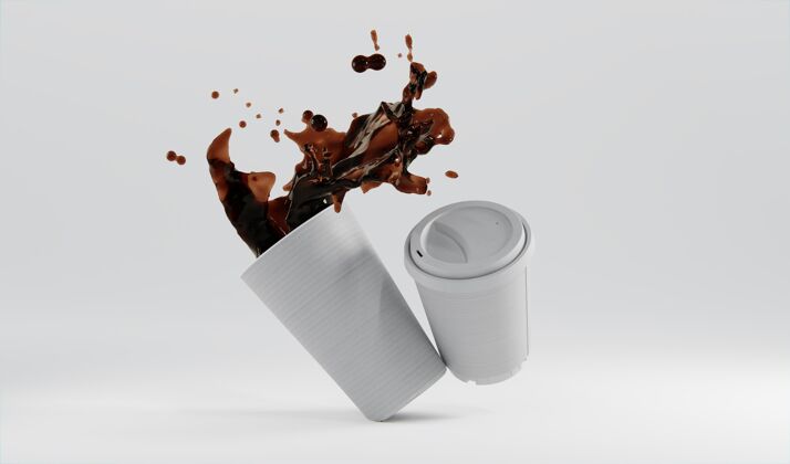 三维渲染各种纸咖啡杯与咖啡飞溅飞溅纸杯能源