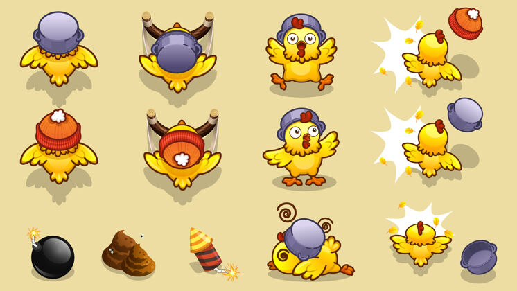 五颜六色可爱的小鸡角色在不同的姿势为游戏设计赛车吉祥物跑步