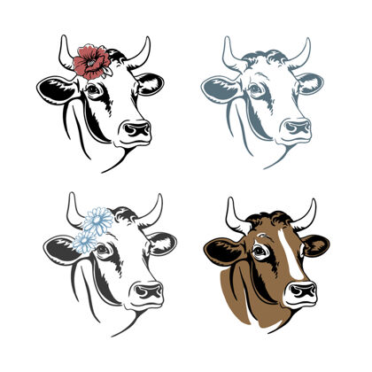花奶牛头像与鲜花集布景轮廓牛