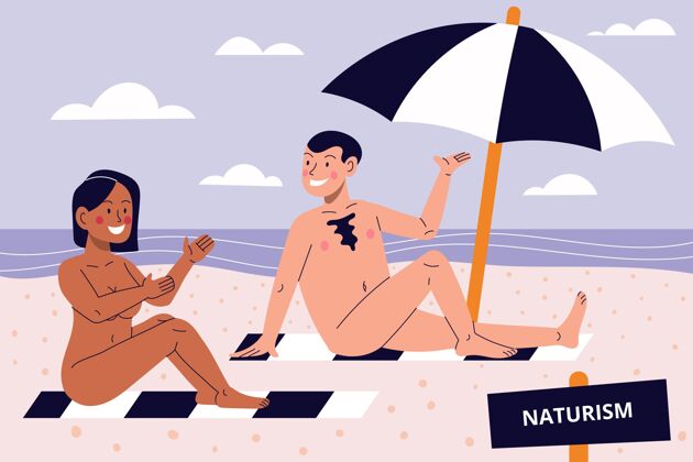 海滩卡通裸体主义概念插图身体裸体主义裸体主义海滩