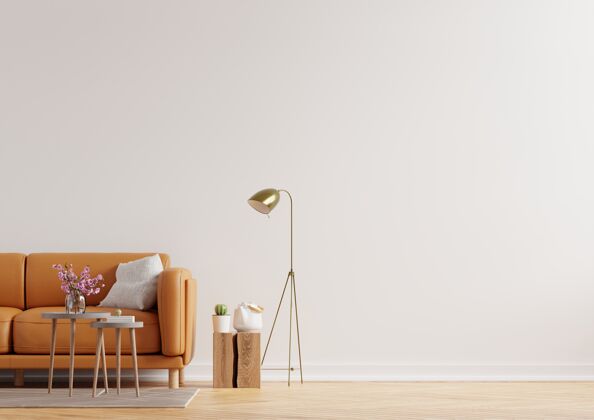木头客厅内墙采用暖色调 白色墙壁背景上有真皮沙发3d渲染客厅墙家具