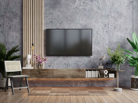 木头现代客厅的电视 扶手椅和混凝土墙背景上的植物 3d渲染桌子空的优雅