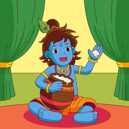 印度教节婴儿克里希纳吃黄油的平面插图平面设计宗教简玛斯塔米
