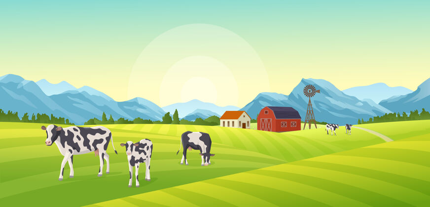 磨坊农场夏季景观插画动物牲畜风