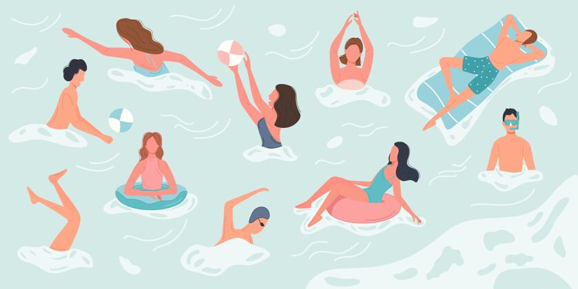 女人不同的人在海里游泳和休息 进行各种各样的活动角色度过暑假时间板放松手