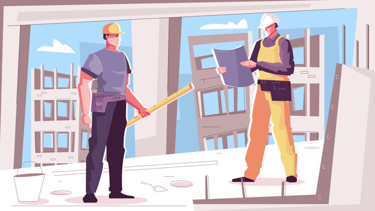 工人建筑施工图 两个建筑工人在看图纸装修公寓新
