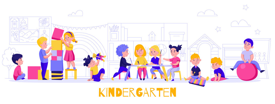 风景幼儿园游戏作品横向构图与家具剪影和户外风景老师和孩子游戏幼儿园水平