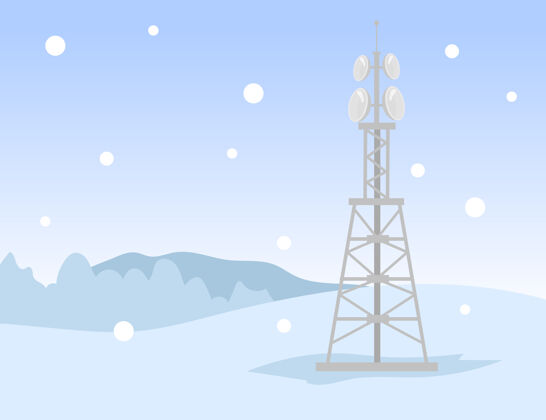 田野一座金属信号传输塔在冬天的田野里雪 网 网平面图人物设备建筑
