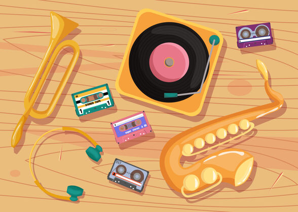 黄铜桌上有盒式磁带 乙烯基播放器和乐器绘画学校播放