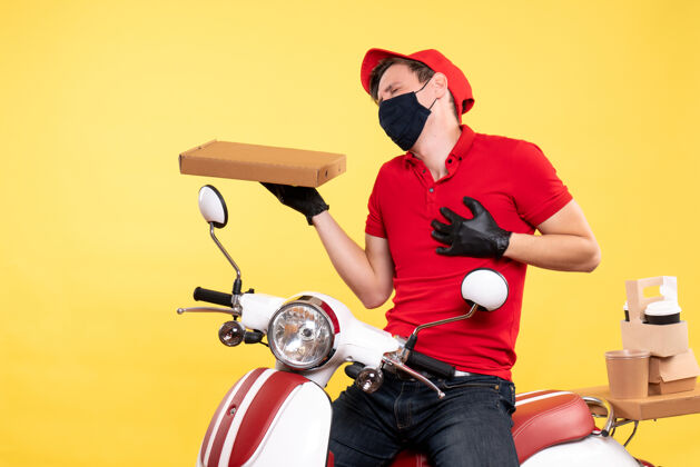 病毒正面图：戴面罩骑自行车的男性快递员 黄色食品盒工作自行车工作