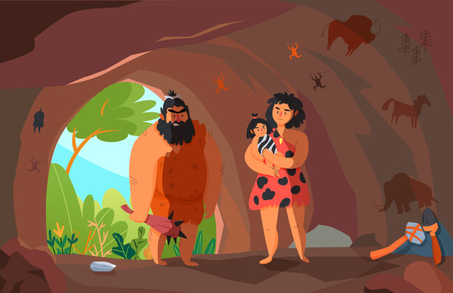 史前两个原始人和孩子在洞穴卡通家庭原始洞穴