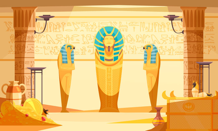 娃娃埃及古墓内部有死者和朱鹮鸟玩偶木乃伊鸟蚀刻埃及