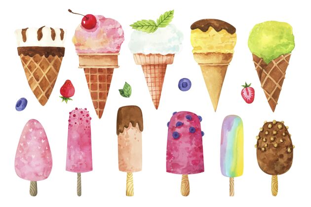 冷冻食品手绘水彩画冰淇淋系列包装什锦水彩画
