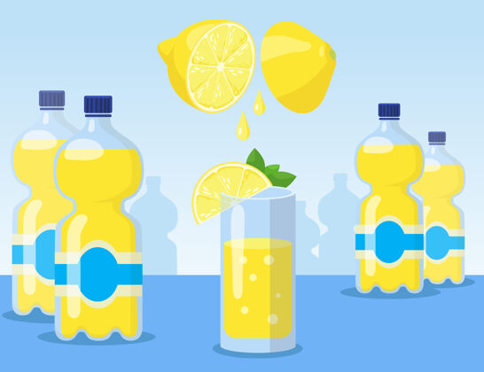 苏打水卡通柠檬水在玻璃和瓶子平面插图制作黄色柠檬水与切片柠檬在蓝色收集柠檬水蓝色