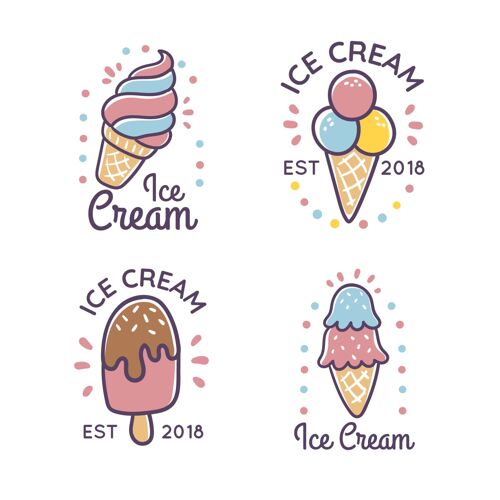 奶油手绘风格冰淇淋标签集食品手绘套餐