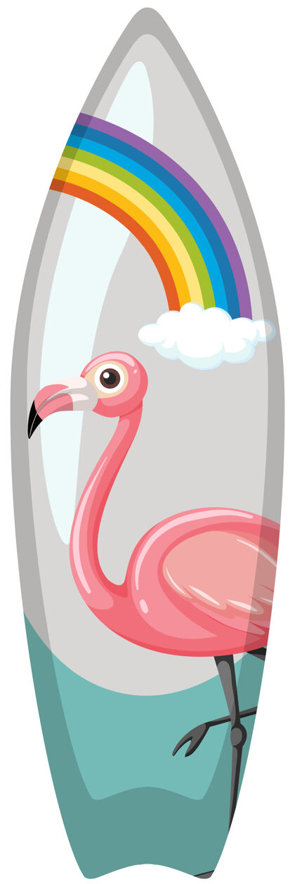 游戏冲浪板与火烈鸟图案隔离在白色玩具彩虹火烈鸟