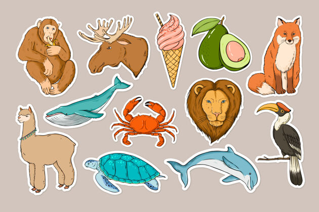 哺乳动物野生动物贴纸彩色剪贴集贴纸冰淇淋设置