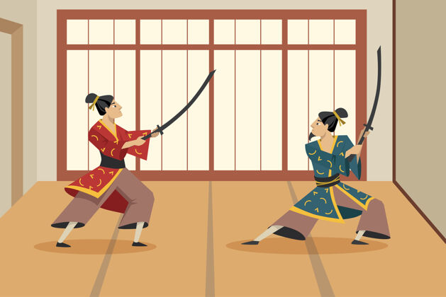 古代两个卡通武士角色用剑互相战斗平面插图亚洲武士穿着传统和服 站在战斗姿势亚洲 武士 战斗 文化概念男人运动概念