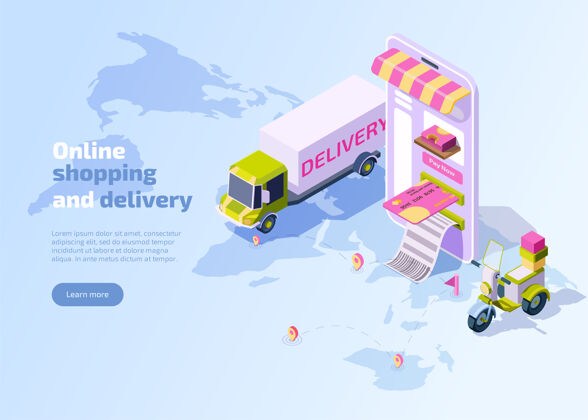 信贷网上购物和送货服务手机卡车地图