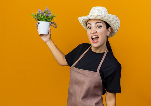 抱着年轻漂亮的女园丁 围着围裙 戴着帽子 手里拿着盆栽植物 站在橘色的墙边 困惑而不快地看着前方花园脸帽子