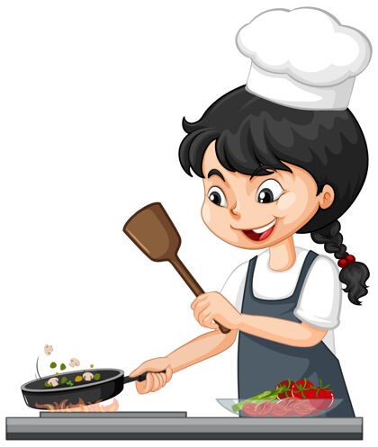活动可爱的女孩角色戴厨师帽做饭食物女人动作