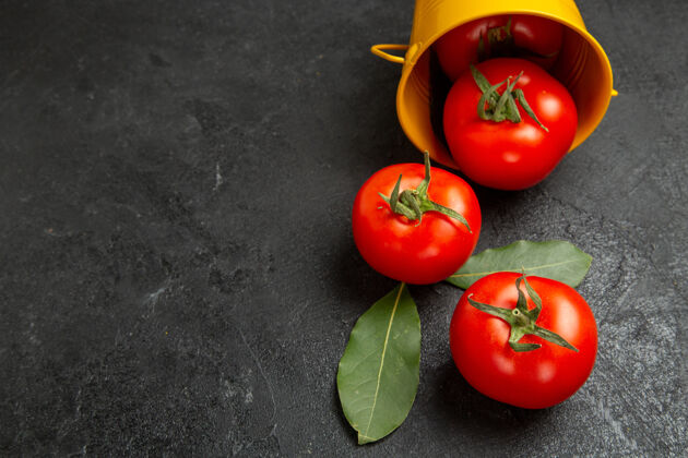 蔬菜顶视图桶与红色西红柿和月桂叶在黑暗的背景番茄海湾健康