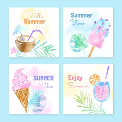 Instagram帖子手绘水彩画夏季instagram帖子集套装社交媒体模板水彩画