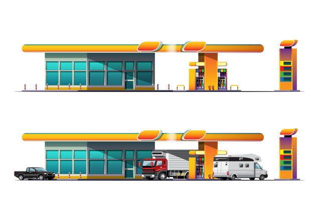 未来汽车和货车停在加油站加油汽油资源汽车