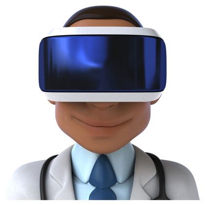 头盔有趣的三维插图医生与虚拟现实头盔游戏耳机眼镜