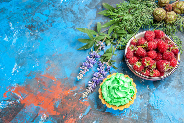 新鲜蓝莓碗和小馅饼的俯视图海维管植物水
